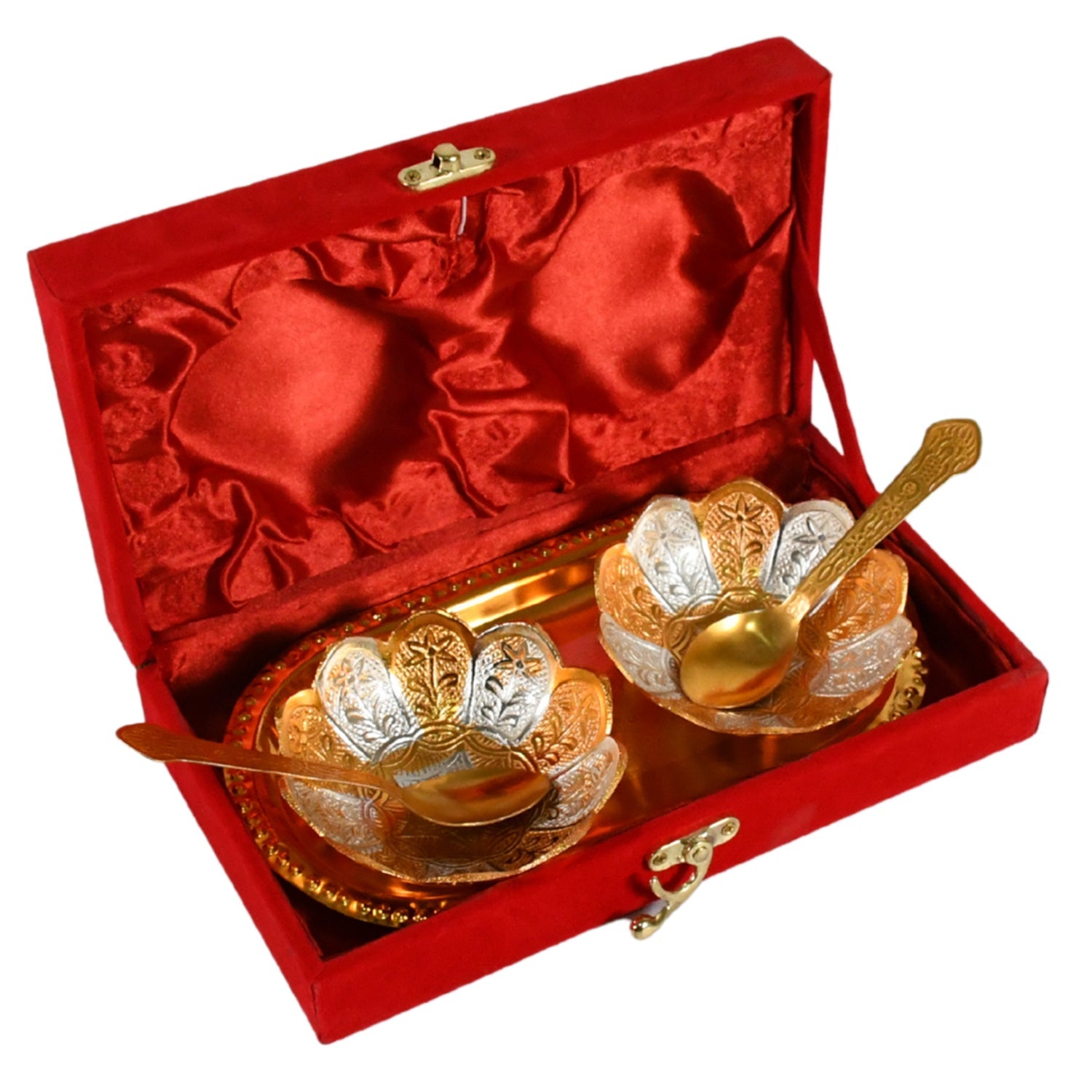 5in1 Gold Silver Plated 2 Bowl 2 Spoon Tray Set Brass with Red Velvet Gift Box Serving Dry Fruits Desserts Gift 5in1 Gold Silver Plated 2 Bowl 2 Spoon Tray Set Brass with Red Velvet Gift Box Serving Dry Fruits Desserts Gift